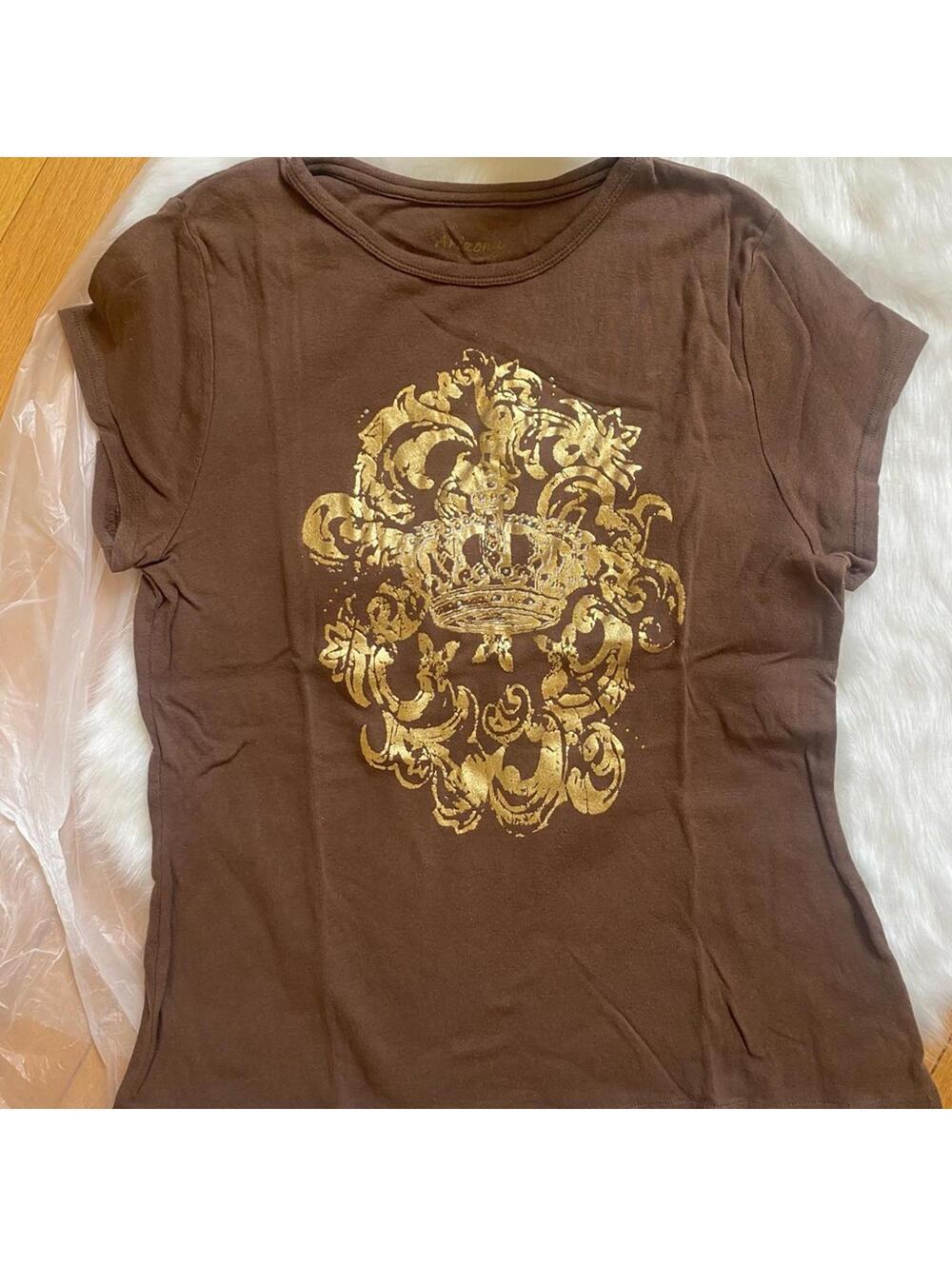 Arizona Jean Brown Short Sleeve Women's T-Shirt with Gold Crown Design Size XL